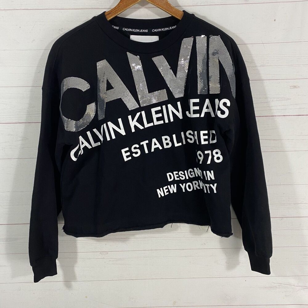 Calvin Klein Jeans Womens Sequined Pullover Sweatshirt Sz Small Black Long Slv